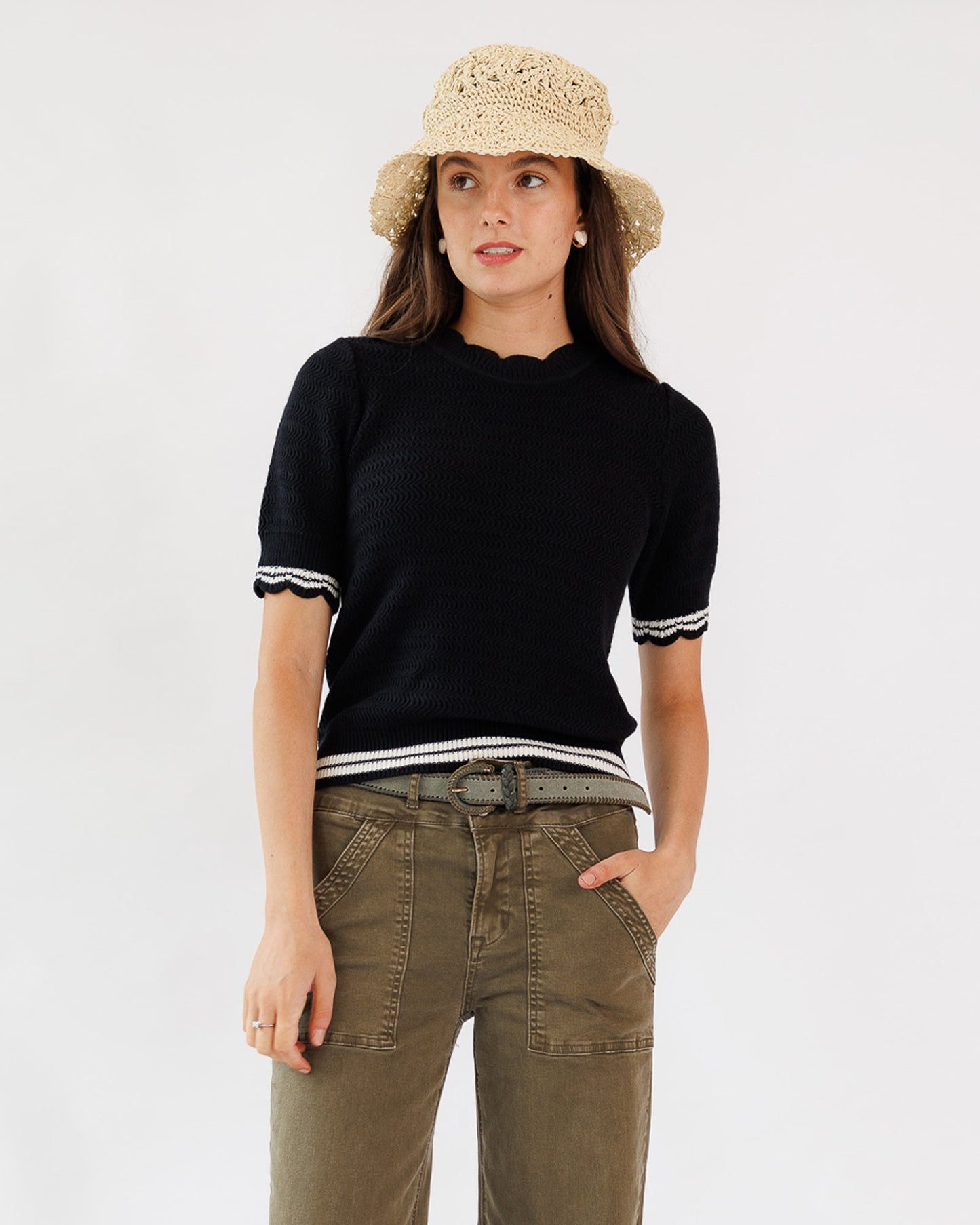 Scalloped Creneck and Sleeve Sweater Tee