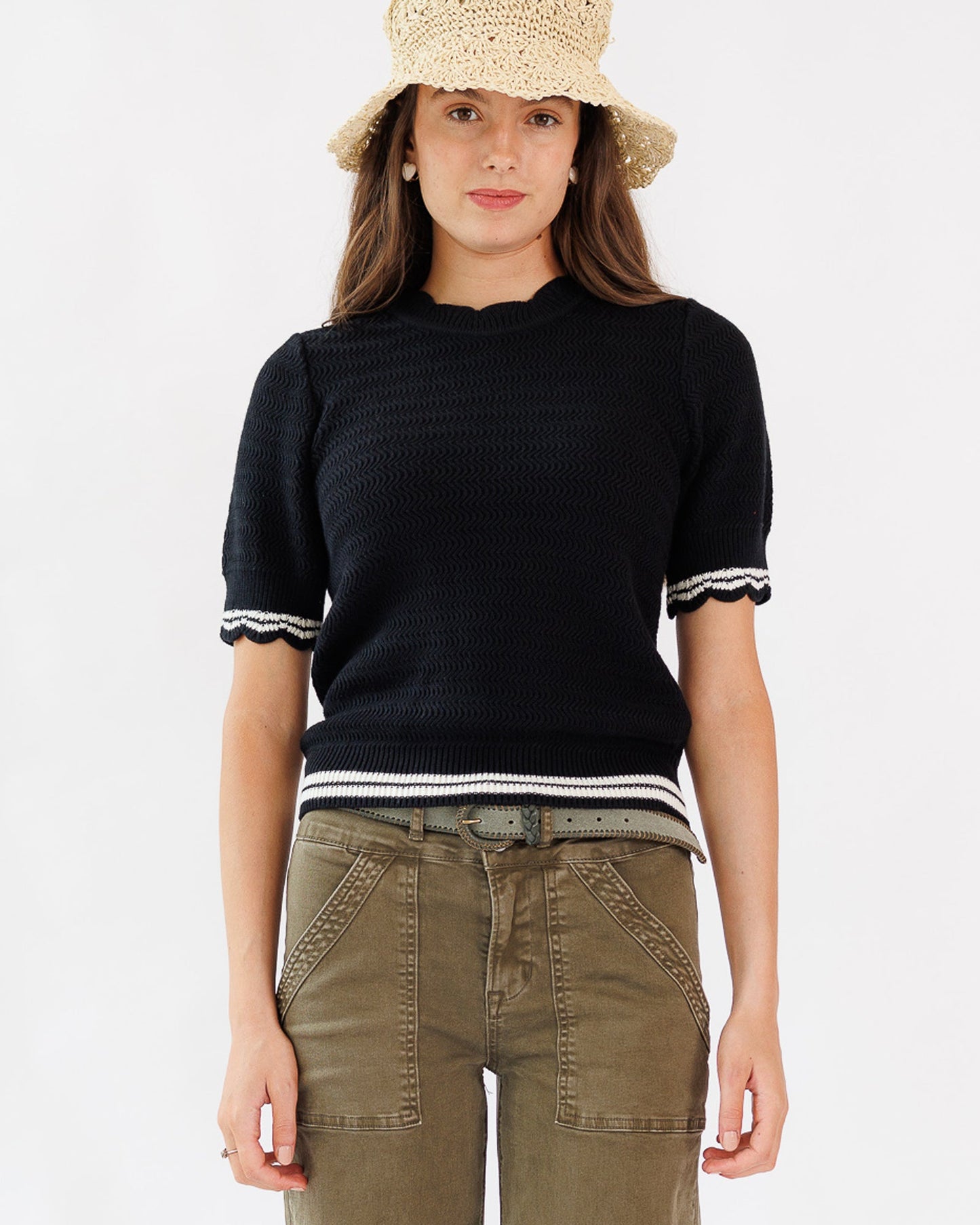 Scalloped Creneck and Sleeve Sweater Tee