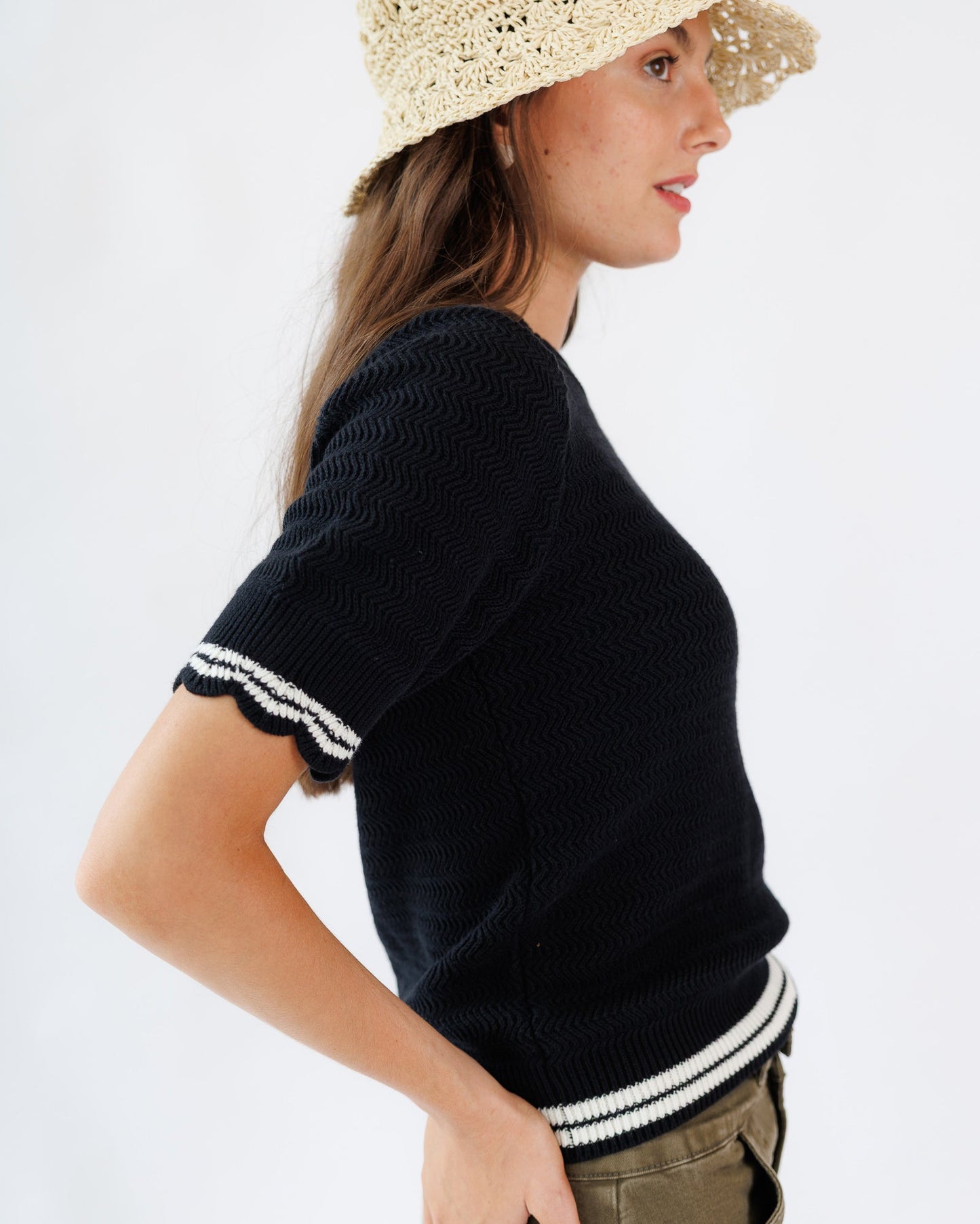 Scalloped Creneck and Sleeve Sweater Tee