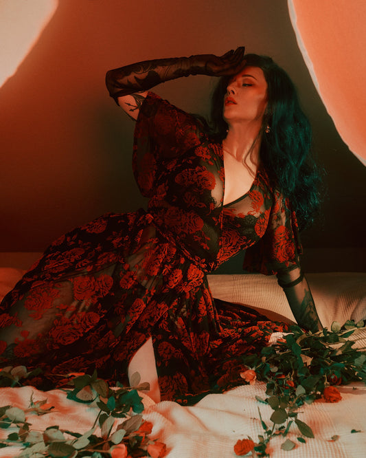 Aurora Wrap Dress in Flocked Red Roses