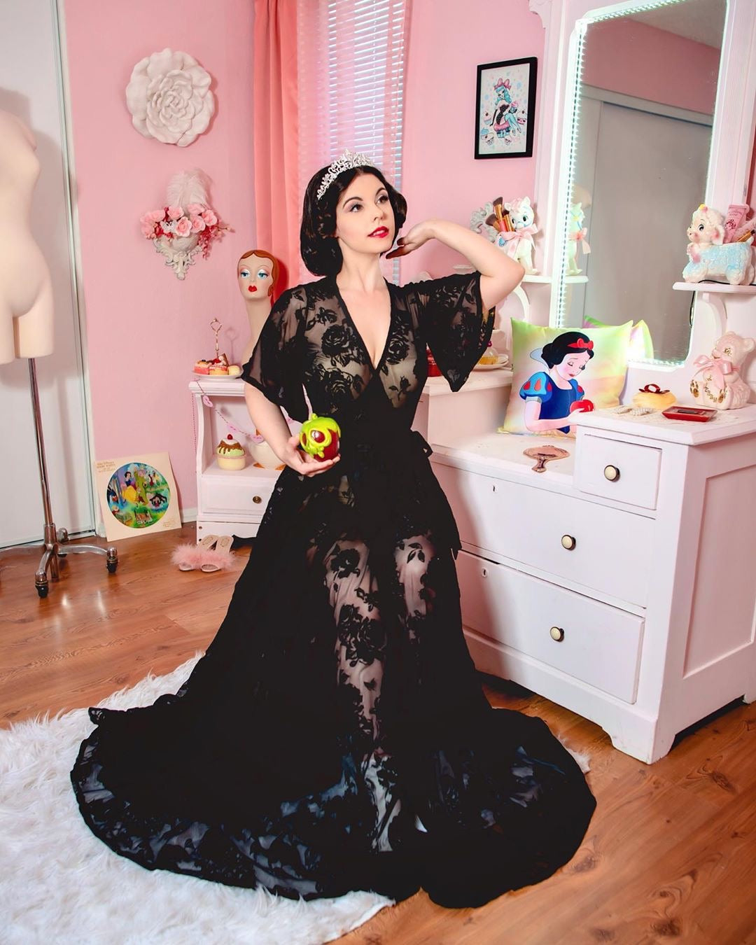 Lydia Wrap Dress in Flocked Rose Black Mesh