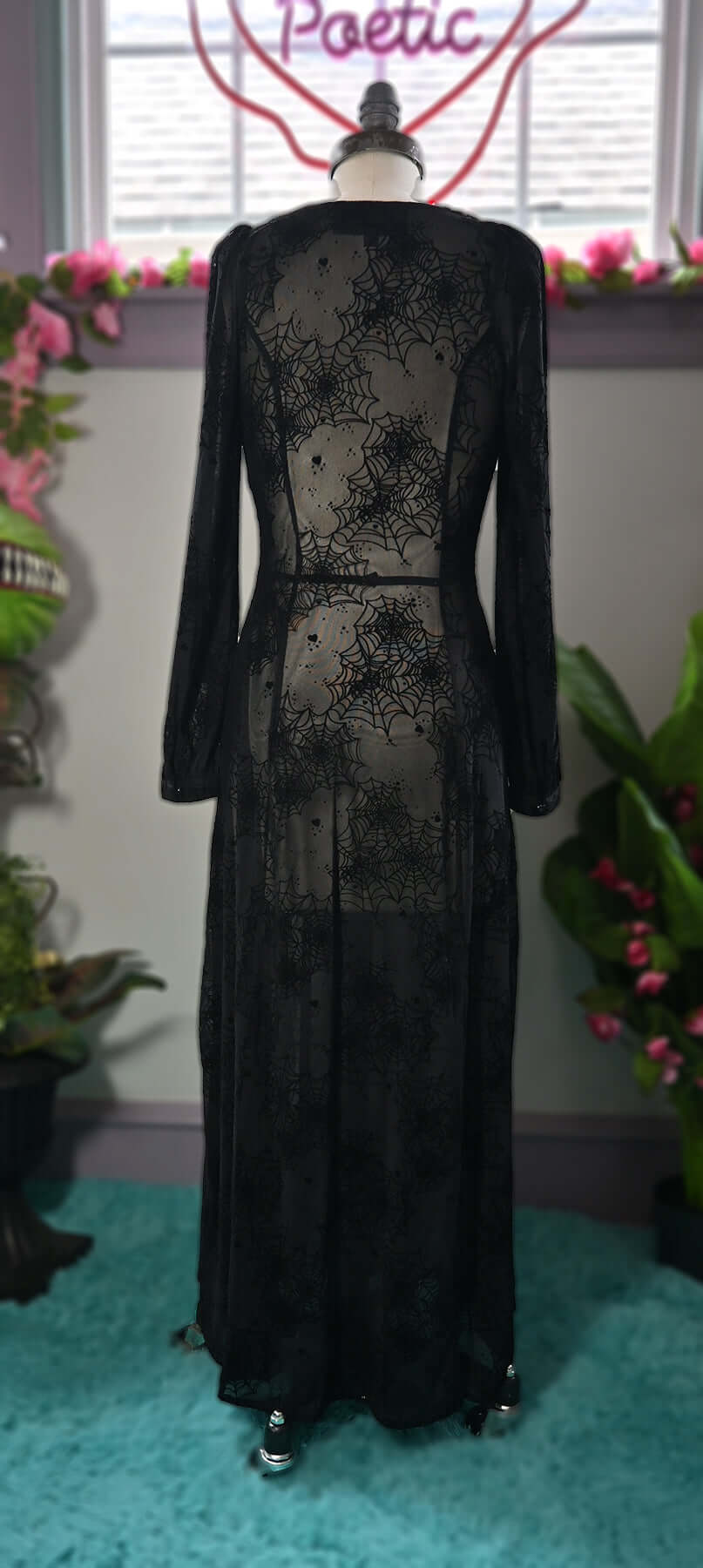 Black Penny Maxi dress with Flocked Spiderwebs