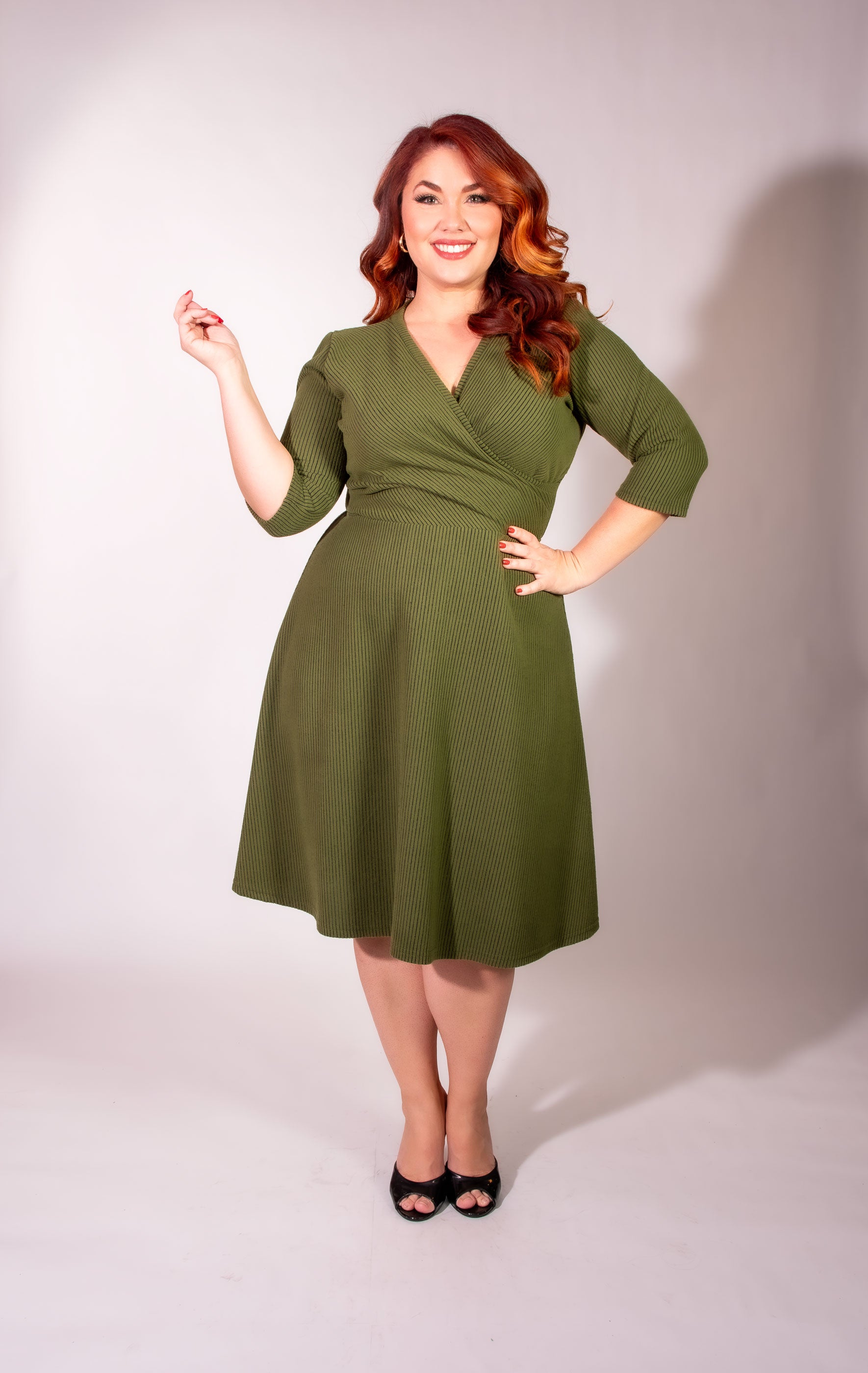 Joanie Knit Dress 3/4 Sleeve - Olive, Brushed Rib Knit Heart of Haute Joanie Knit Dress 3/4 Sleeve - Olive, Brushed Rib Knit Heart of Haute