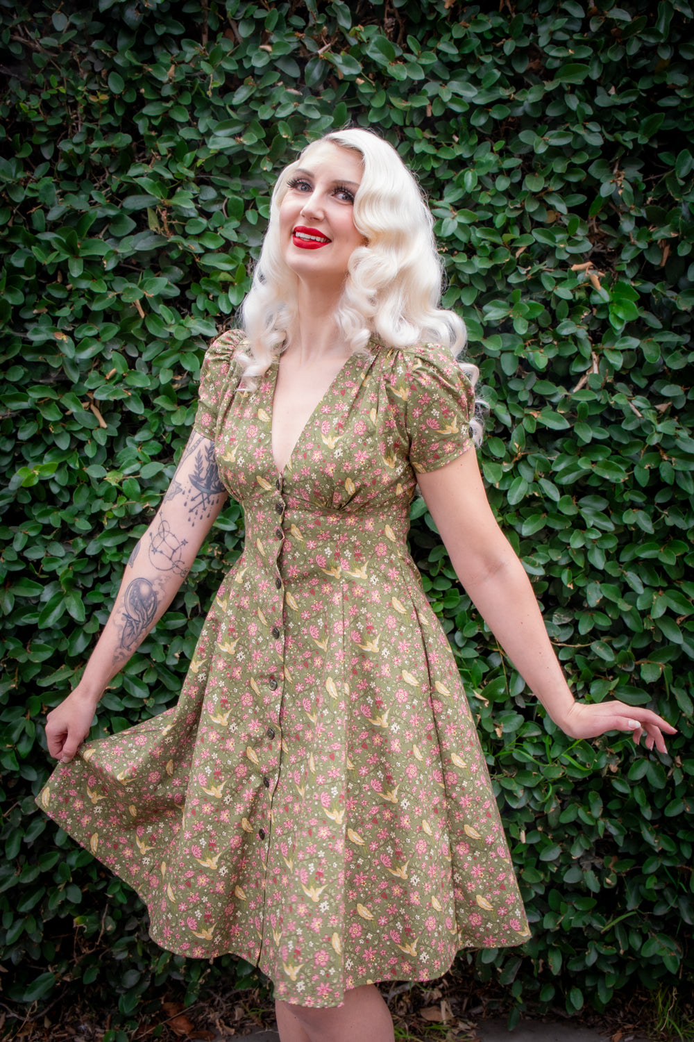 Millie Dress - Olive Birds