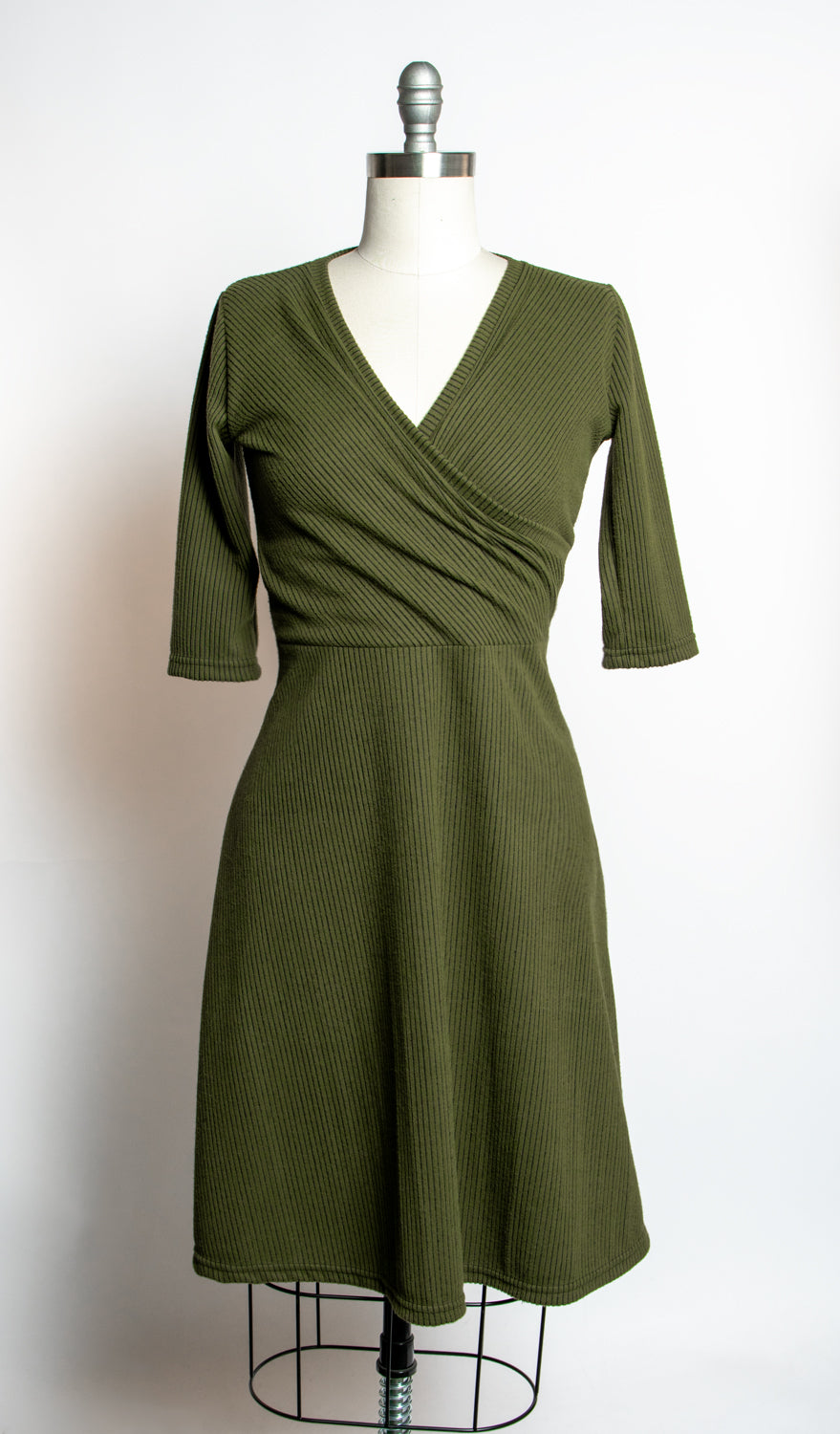 Joanie Knit Dress 3/4 Sleeve - Olive, Brushed Rib Knit