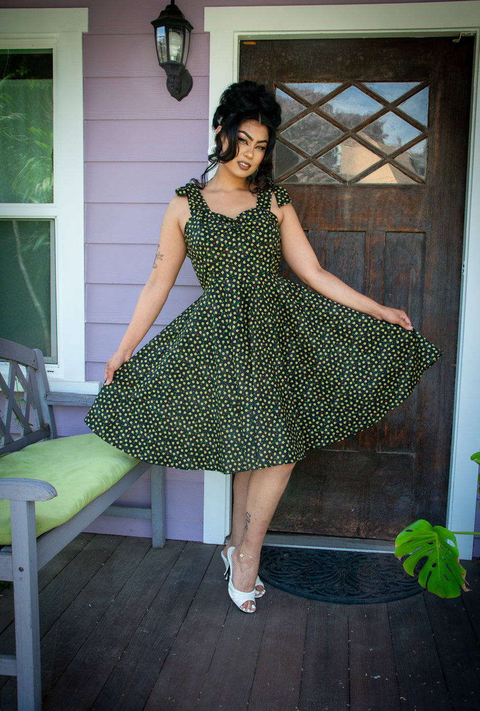 Sarah Swing Dress- Ditsy Lady Bug, Black