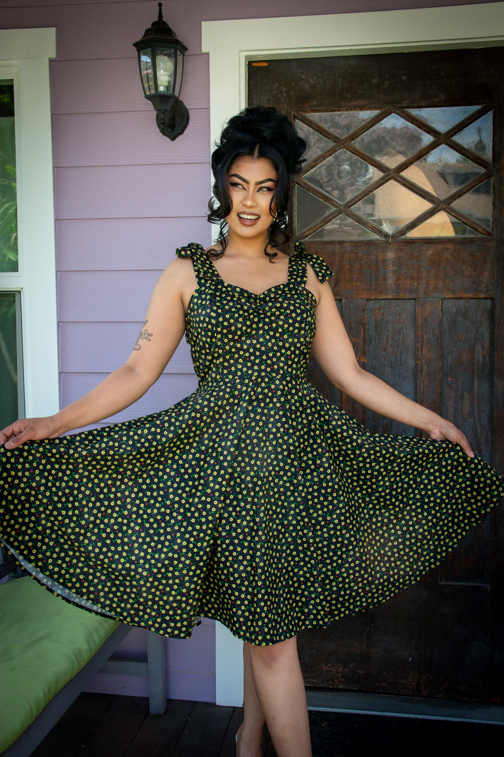 Sarah Swing Dress- Ditsy Lady Bug, Black
