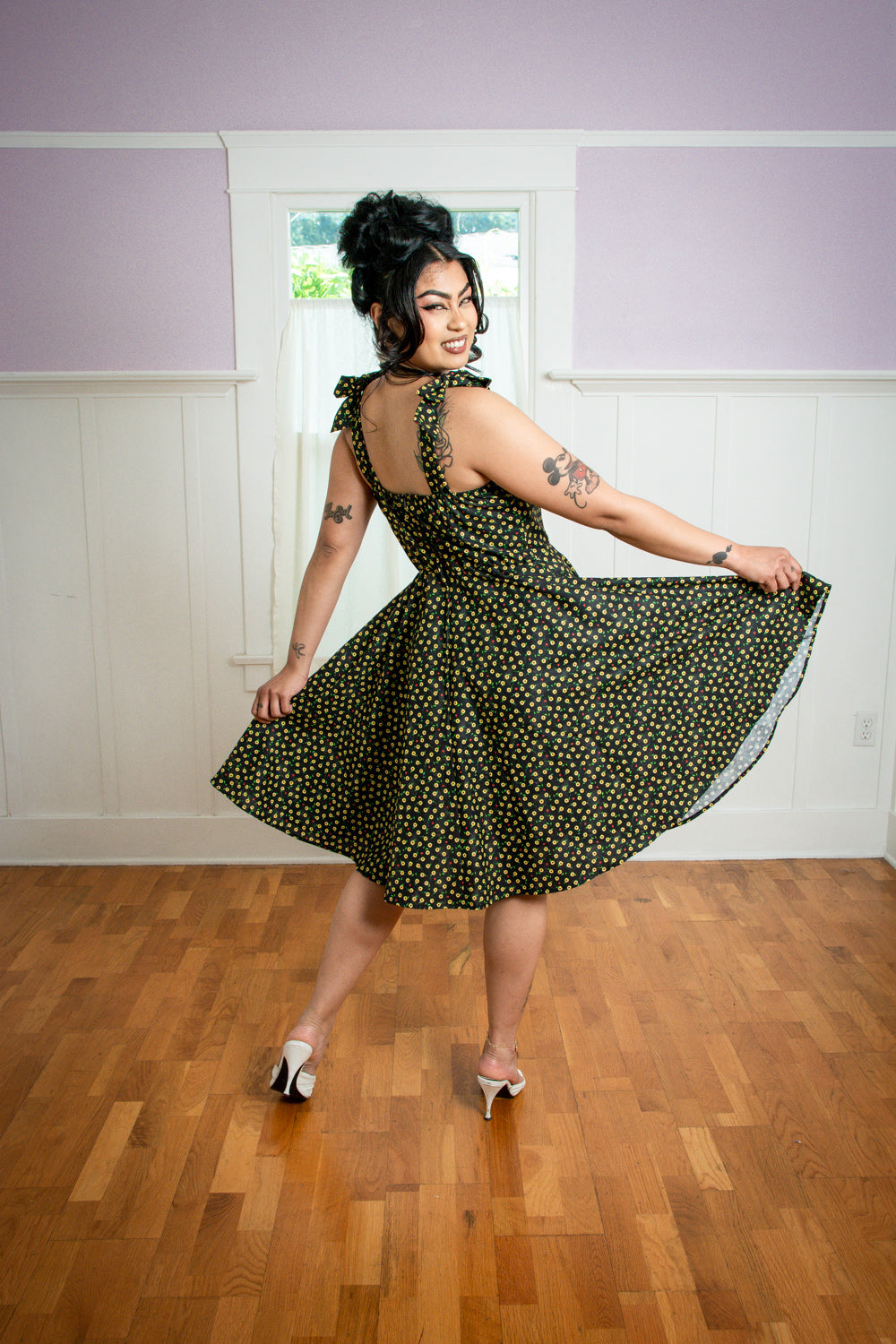 Sarah Swing Dress- Ditsy Lady Bug, Black
