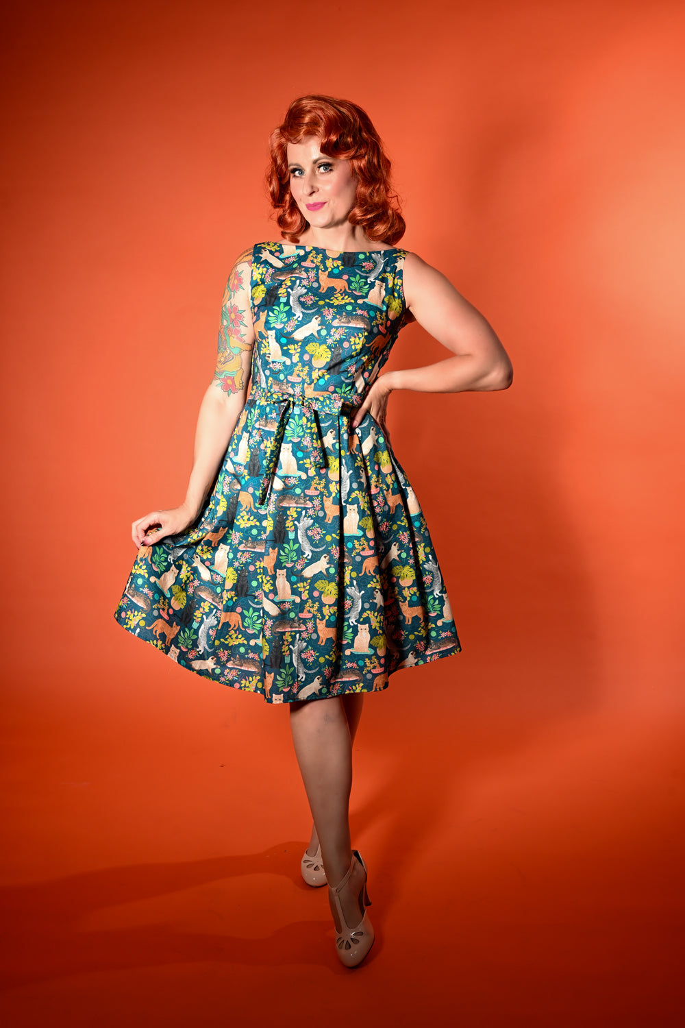 Monica Dress, Teal Cats