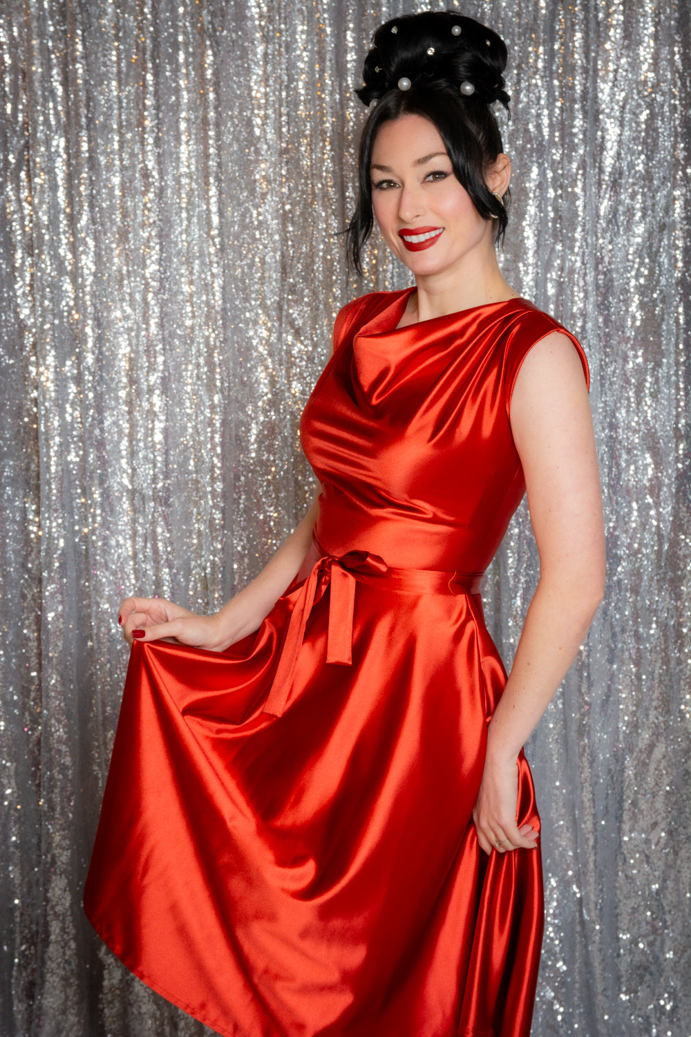 Stefani Dress- Stretch Satin, Rust *sale