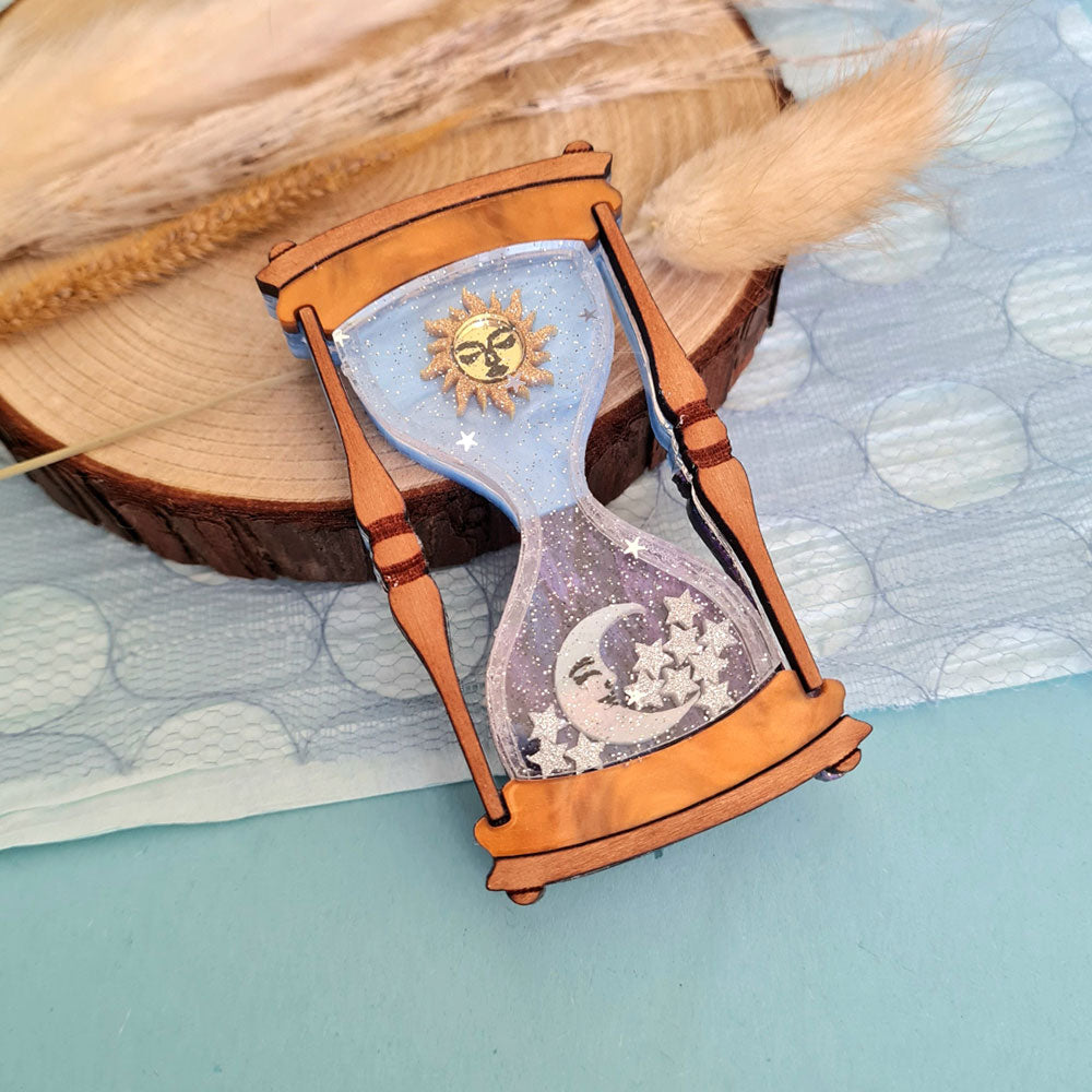 Celestial Sun And Moon Hourglass Brooch by Cherryloco