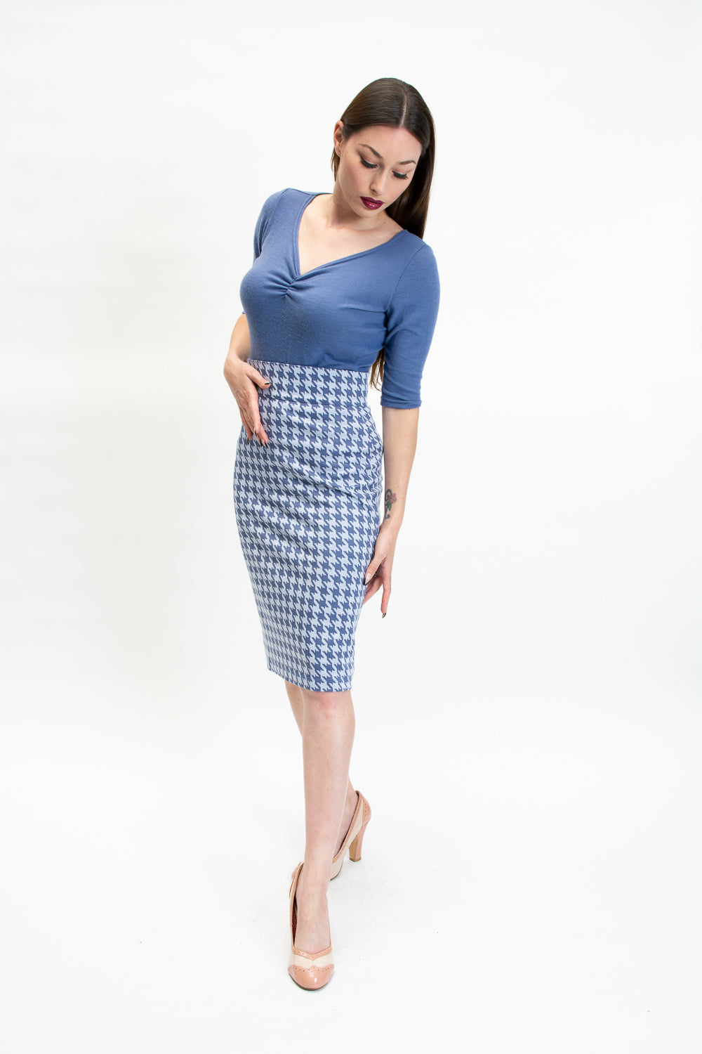 Pencil Skirt- Houndstooth, Blue