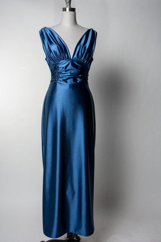 Athena Gown Dress - Stretch Satin, Denim Blue