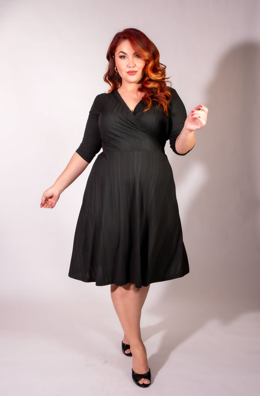 Joanie Knit Dress 3/4 Sleeve - Black Rib Knit