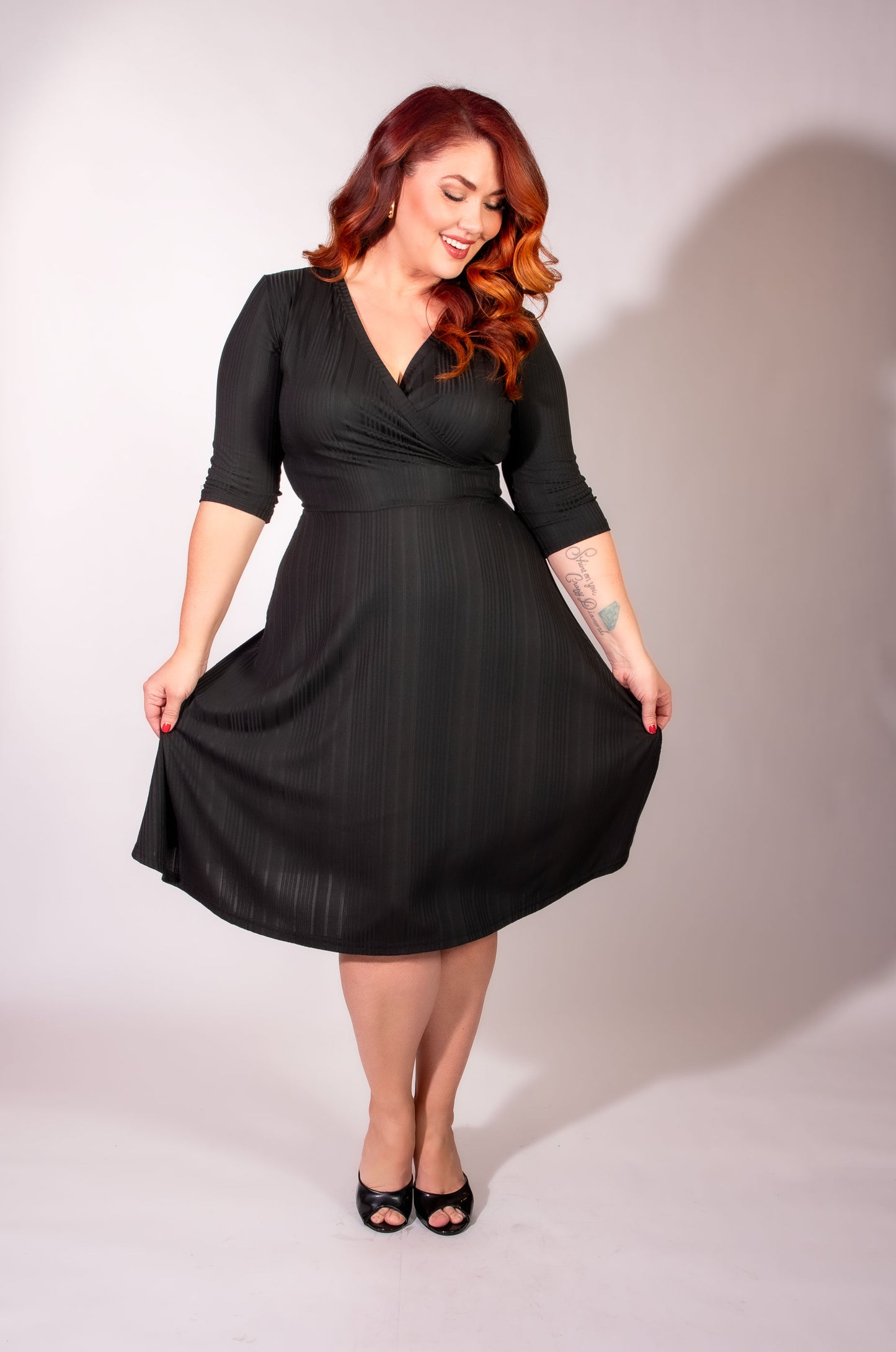Joanie Knit Dress 3/4 Sleeve - Black Rib Knit - Heart of Haute