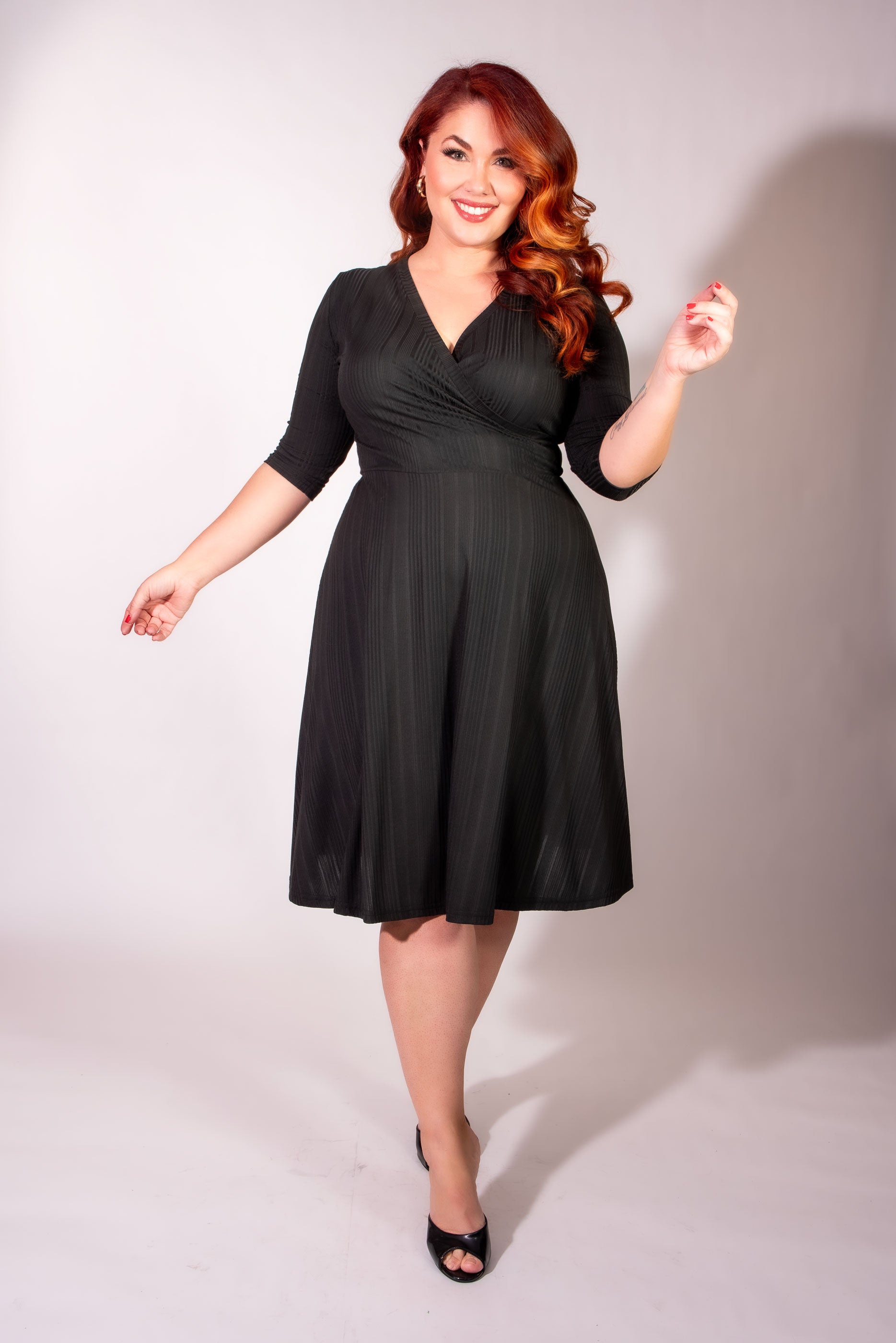 Joanie Knit Dress 3/4 Sleeve - Black Rib Knit - Heart of Haute