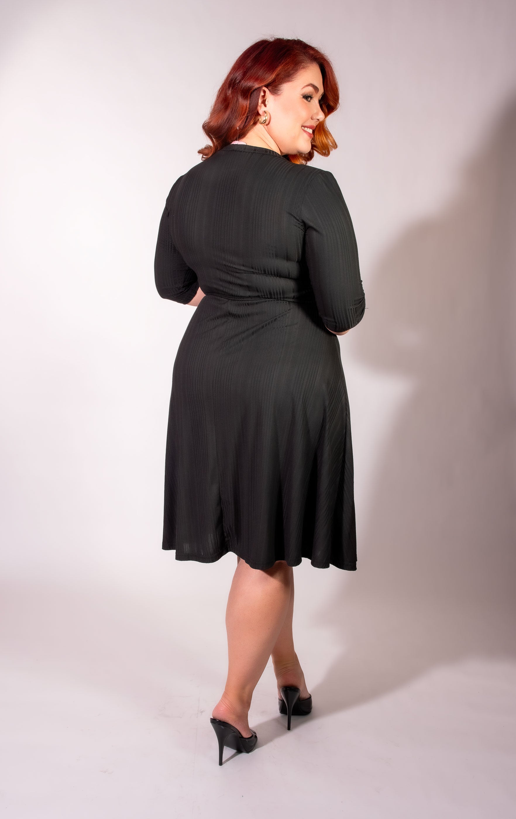 Joanie Knit Dress 3/4 Sleeve - Black Rib Knit - Heart of Haute