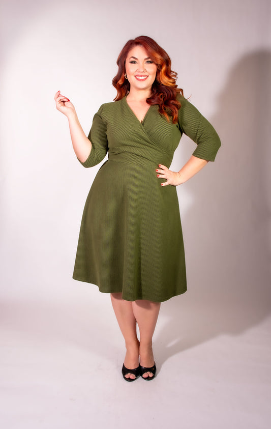 Joanie Knit Dress 3/4 Sleeve - Olive, Brushed Rib Knit