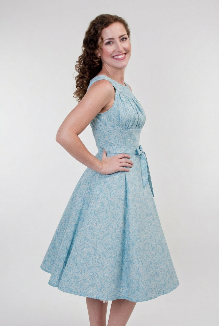 Woman wearing a light blue dress against a white background
