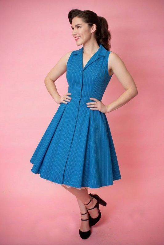 Vintage Style Button Up shirtdress fit n flare midi blue 