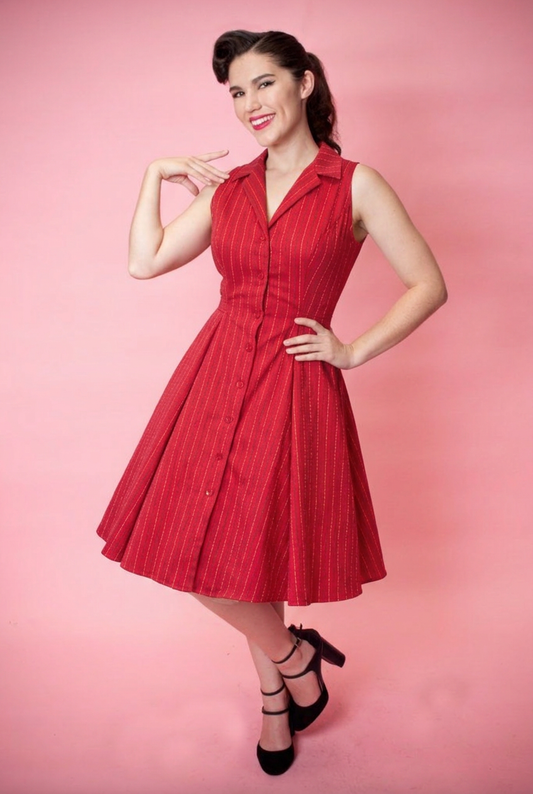 Vintage Retro button up shirtdress fit n flare red stripe
