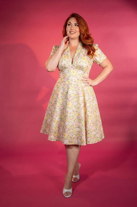 1940s style dress in a pastel floral print