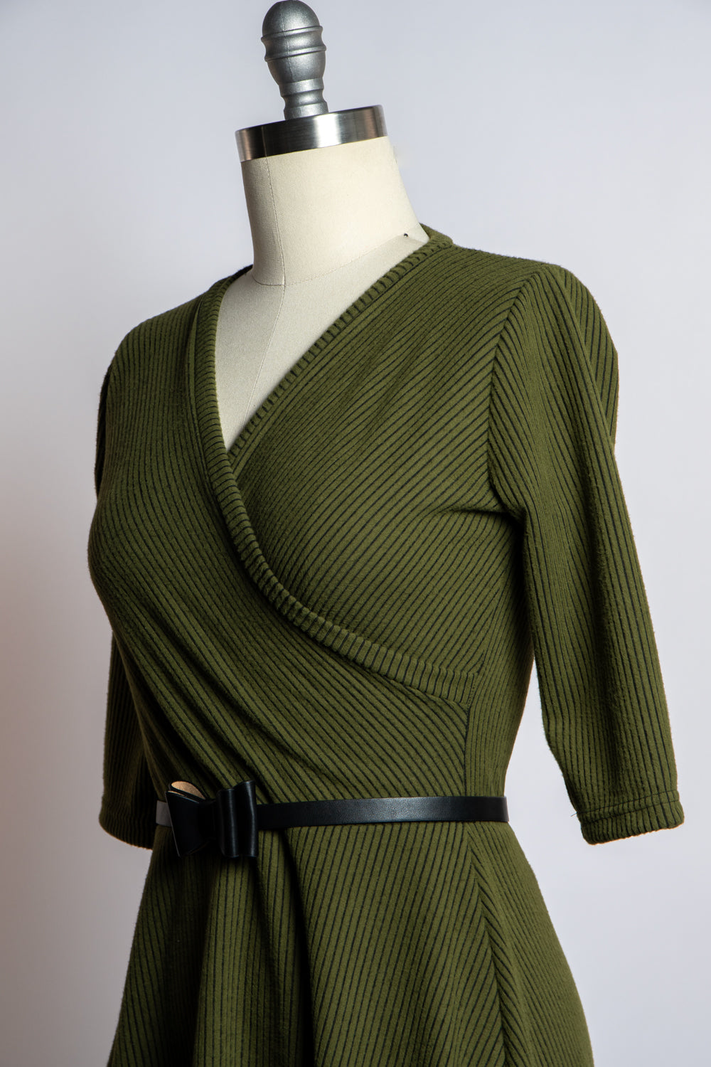 Joanie Knit Dress 3/4 Sleeve - Olive, Brushed Rib Knit