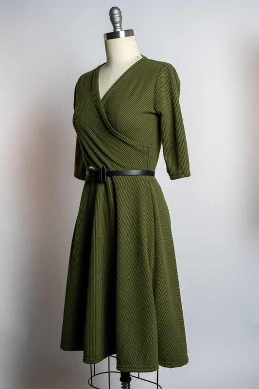 Joanie Knit Dress 3/4 Sleeve - Olive, Brushed Rib Knit