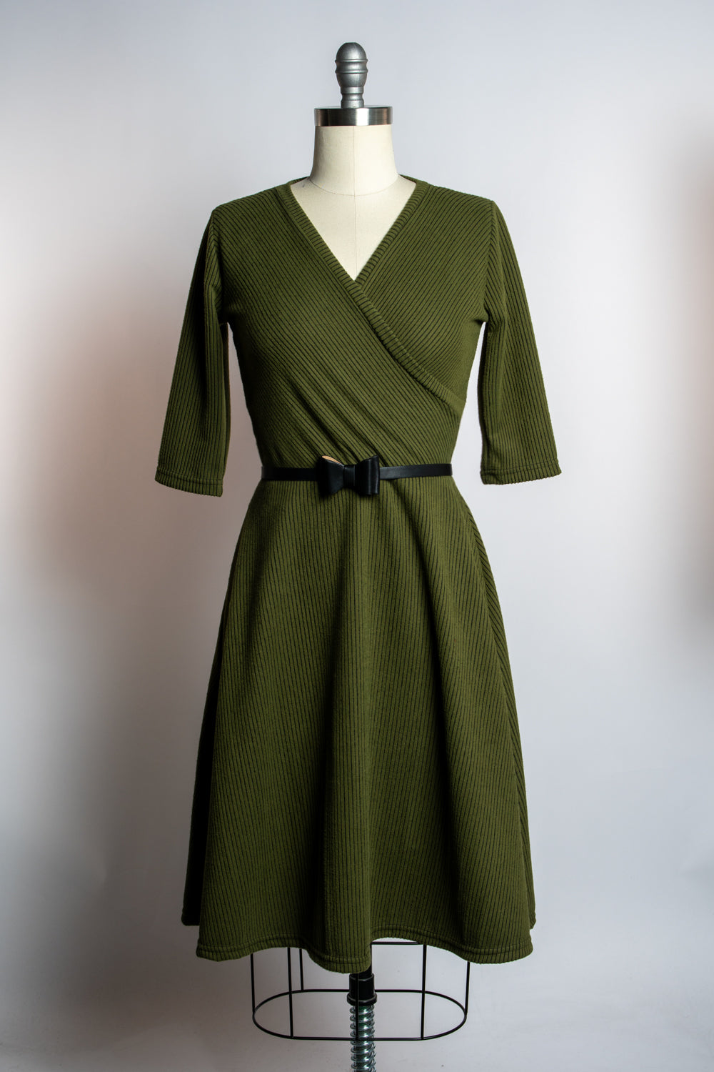 Joanie Knit Dress 3/4 Sleeve - Olive, Brushed Rib Knit