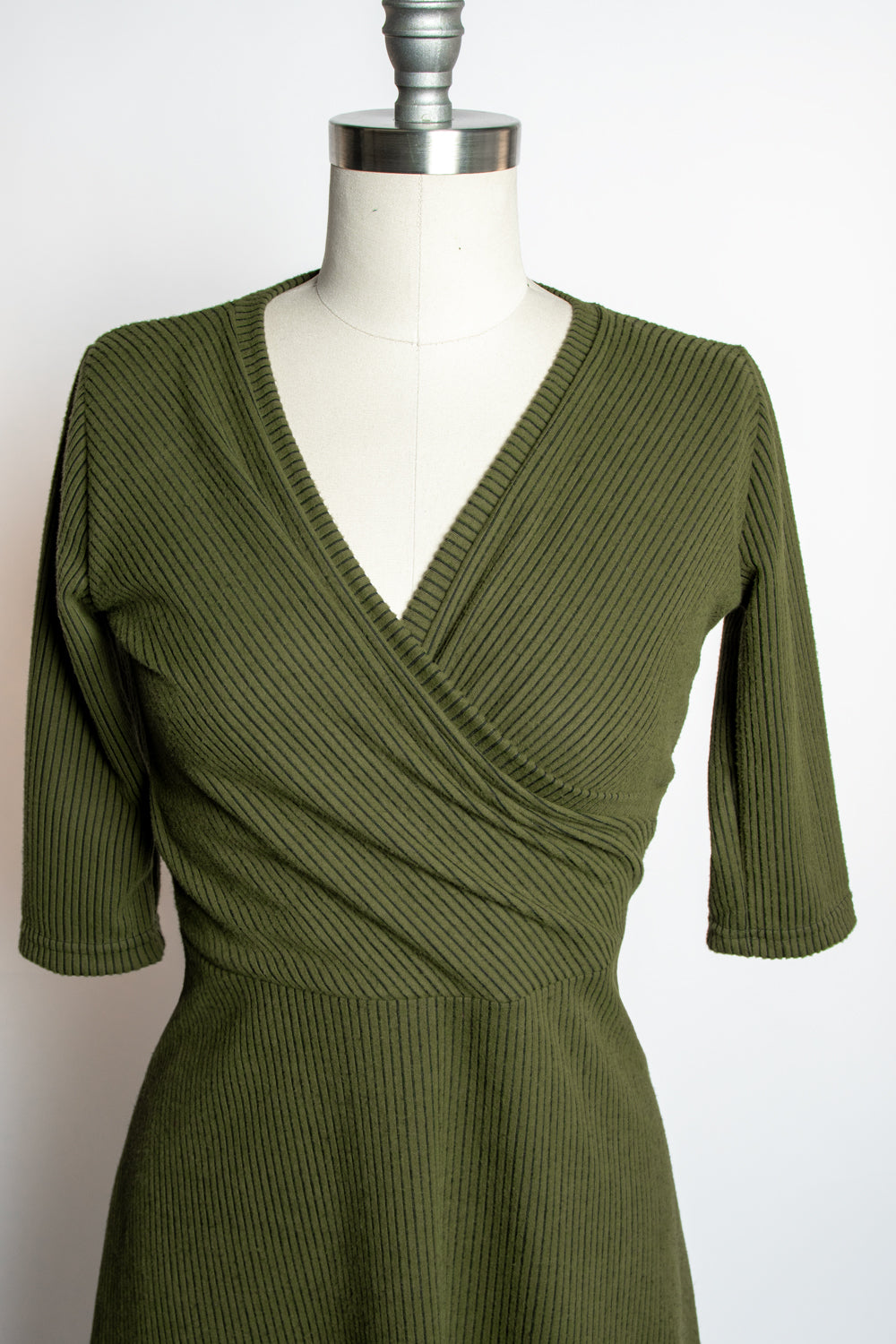 Joanie Knit Dress 3/4 Sleeve - Olive, Brushed Rib Knit