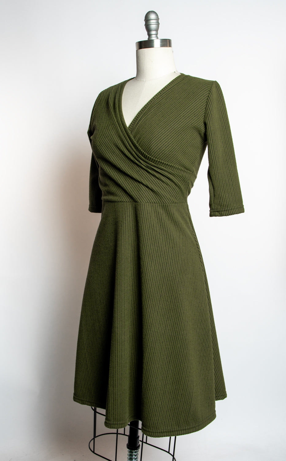 Joanie Knit Dress 3/4 Sleeve - Olive, Brushed Rib Knit