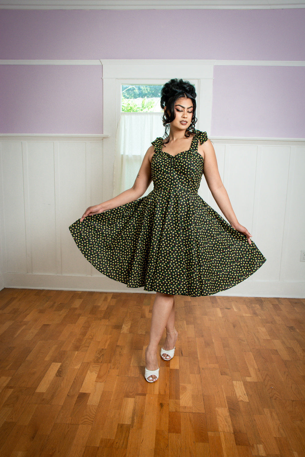Sarah Swing Dress- Ditsy Lady Bug, Black