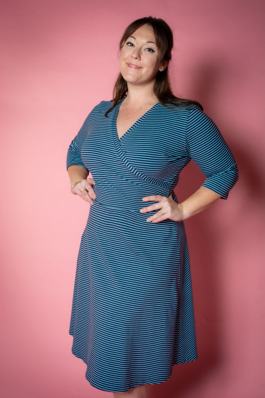 Joanie Knit Dress 3/4 Sleeve - Blue + Navy Stripe