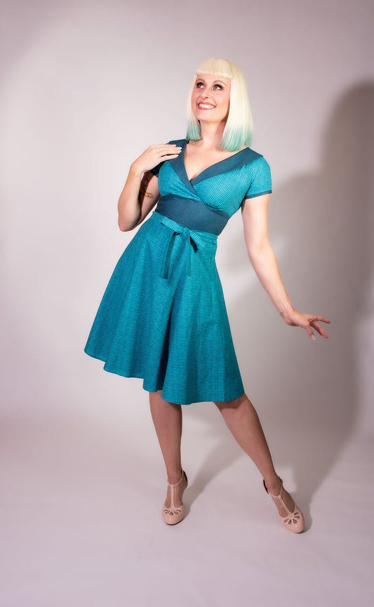 Darla Dress - Mini Houndstooth, Teal Blue