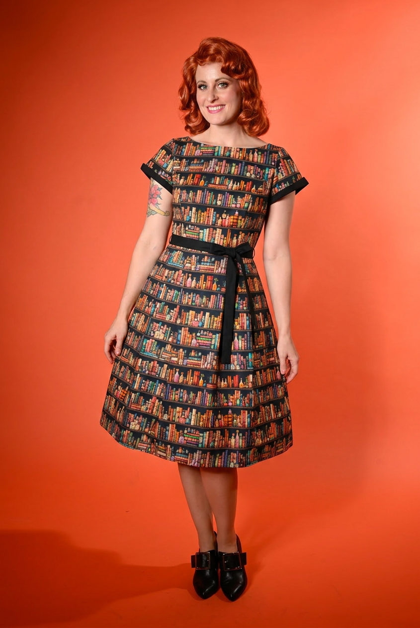 A woman with red hair wearing a retro-style A-line dress with a colorful bookshelf pattern and black trim, standing against a solid orange background.