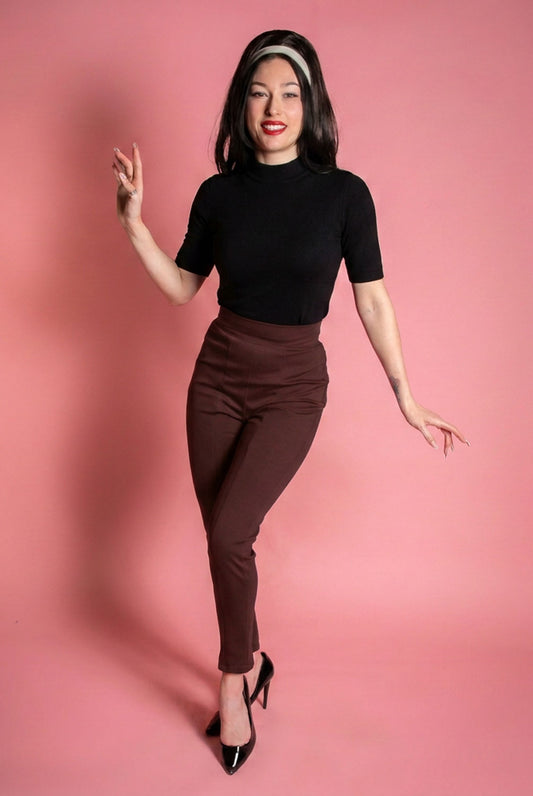 Shop our best-selling 1960s black cigarette pants in comfortable stretch chocolate brown  pants in ponte knit. High-waisted, fitted, vintage-inspired, and made in the USA.