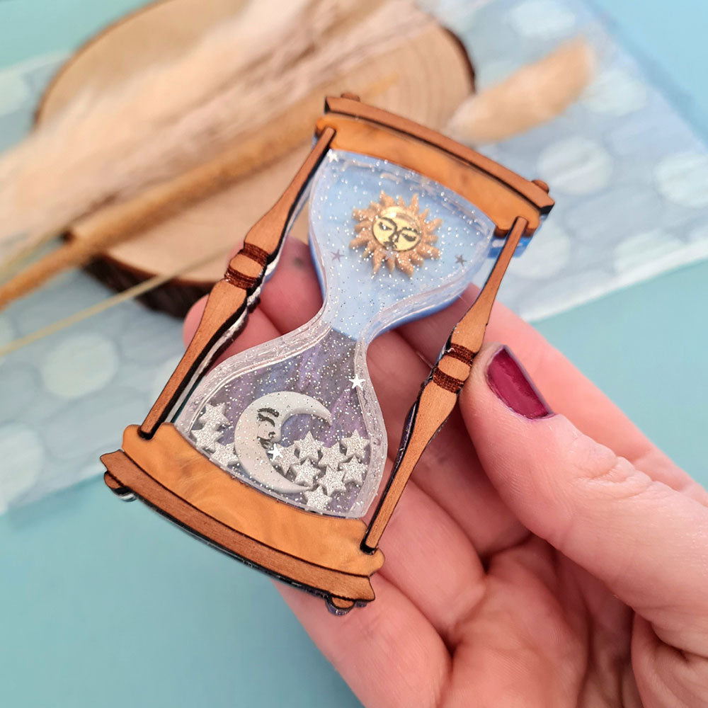 Celestial Sun And Moon Hourglass Brooch by Cherryloco